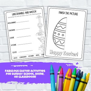 May include: Black and white printable worksheet with an Easter egg coloring page and a word scramble activity. The worksheet includes the words: cross, communion, hosanna, angel, and don. The text "Happy Easter!" is at the bottom of the coloring page.