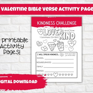 May include: Digital download of Valentine's Day Bible verse activity pages. The design includes the text "Kindness Challenge" and "Love is Kind" with hearts and illustrations. The pages are designed for children to color and write on.