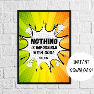 Nothing is Impossible Superhero Bible Verse Wall Art, Printable Scripture Poster, Comic Book Kids Printable, Sunday School Decor, Kids Room