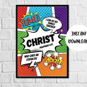 Superhero Bible Verse Wall Art, Printable Scripture Poster, I can Do All Things, Comic Book Kids Printable, Sunday School Decor, Kids Room