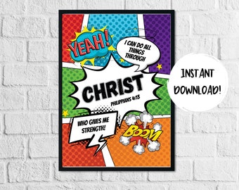 Superhero Bible Verse Wall Art, Printable Scripture Poster, I can Do All Things, Comic Book Kids Printable, Sunday School Decor, Kids Room