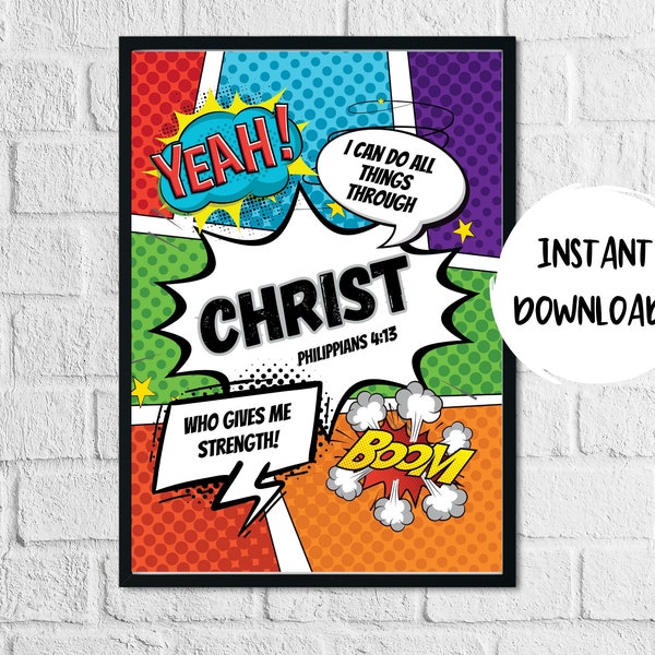 Superhero Bible Verse Wall Art, Printable Scripture Poster, I can Do All Things, Comic Book Kids Printable, Sunday School Decor, Kids Room