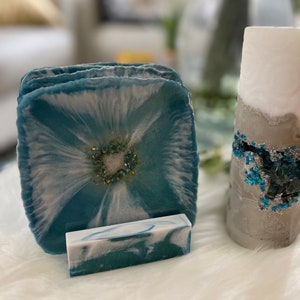 Teal and White Resin Coasters with Crushed Glass, Handmade Square Coasters with Holder, Modern Geode Decor, Unique Home Gift Set