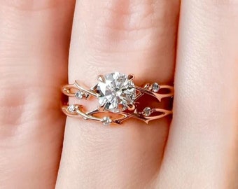 1.8CT Dainty Twig Engagement Ring/ Center Moissanite Gold Ring /Wedding Ring Set /Nature Diamond Ring Set /14k Rose Gold Diamond Jewelry