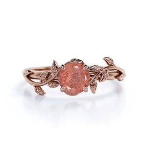 Strawberry Quartz Engagement Ring, 14k Rose Gold Pink Quartz Ring, Nature Inspired Ring, Vine Leaf Ring, Valentine Gift