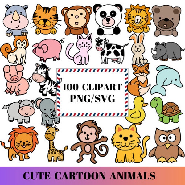 Cute Cartoon Animals SVG, Cute Animals Bundle, Animal Svg, Cute Animals PNG Clipart, Cartoon Animals, Digital Files, Cricut Files