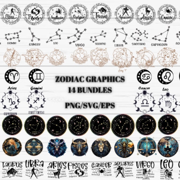 Zodiac Bundle PNG, Zodiac Signs, Zodiac SVG, 14 Zodiac Bundles, Zodiac Sign For Cricut, Digital Download