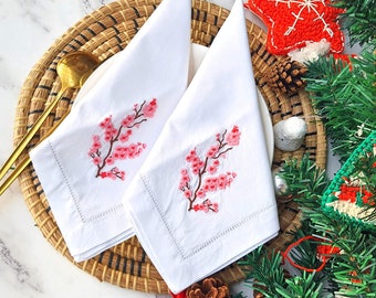 Premium 4 Cherry Blossom Hemstitch Linen Cotton Embroidered Napkins, Embroidered Cloth 18x18" Napkins Square Fabric, Anniversary Napkins