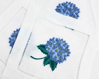 Set of 6 Embroidered White Cocktail Napkins 6x6" Cloth Napkin Coasters, Hydrangea Cocktail Napkins for Parties Anniversary, Ladder Hemstitch