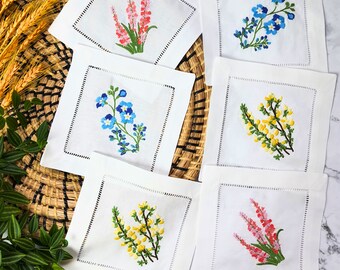 Embroidered White Cocktail Napkins 6x6" Set of 6 Cloth Napkin Coasters, Mixed Color Hyacinth Bulbs Cocktail Napkins for Parties Anniversary