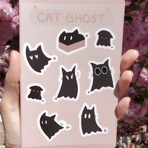 Hoja de pegatinas de vinilo de gato fantasma, impermeable, animales lindos, gatito negro, bruja, regalo, papelería, diario, álbum de recortes, decoración, calcomanía