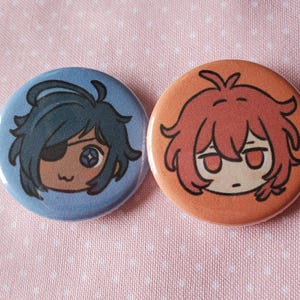 Diluc and Kaeya Genshin Button Pins | 1.25 inch Pinback Tinplate Badges Cute Anime Chibi Game Matching Pair Gift Mondstadt