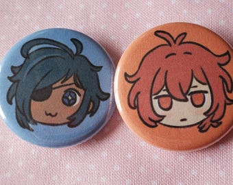 Diluc and Kaeya Genshin Button Pins | 1.25 inch Pinback Tinplate Badges Cute Anime Chibi Game Matching Pair Gift Mondstadt