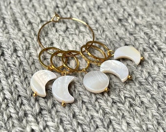 Set of 5 stitch markers moon made of natural mother of pearl (shells) gift for knitters knitting accessories