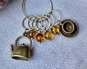 Set of 6 stitch markers tea set made of Czech glass beads gift for knitters in antique bronze stitch markers