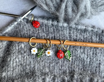Set of 6, 5, or 4 stitch markers, ladybug, flower, and leaf shapes made of Bohemian glass beads, gift for knitters, knitting accessories