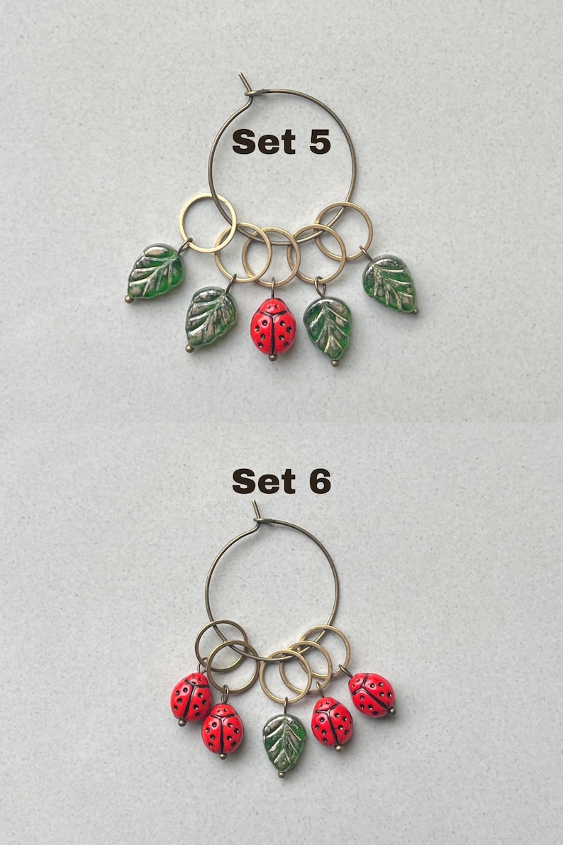 6er 5er 4er Set Maschenmarkierer Marienkäfer Blume Blatt aus Böhmischen Glasperlen Geschenk für Stricker Strickzubehör Bild 12