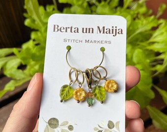 Maschenmarkierer Sets Blume Blatt aus Böhmischen Glasperlen in Grün und Gelb Geschenk für Stricker Strickzubehör