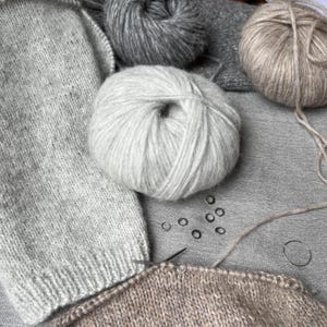 May include: Three balls of yarn in shades of light grey, dark grey, and beige are arranged with a partially knitted light grey garment and a partially knitted beige garment. Several small metal stitch markers are scattered on the fabric.