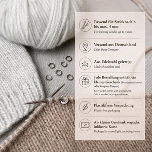 May include: A set of small, circular stainless steel stitch markers for knitting, shown with a silver knitting needle and light grey yarn. The text on the image specifies that these markers fit knitting needles up to 4 mm in size.