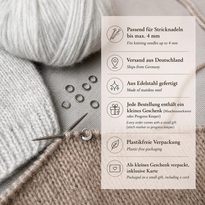 May include: A set of small, circular stainless steel stitch markers for knitting, shown with a silver knitting needle and light grey yarn. The text on the image specifies that these markers fit knitting needles up to 4 mm in size.