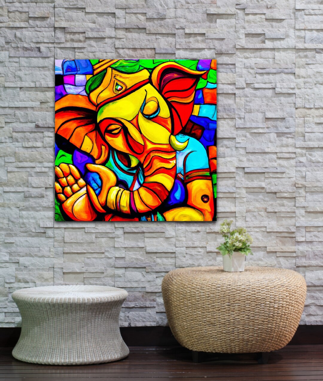 Ganesha Painting, Large Abstract Painting on Canvas, Large Framed Art