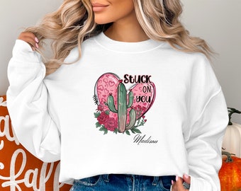 T-shirt coeur cactus collé sur vous, sweat-shirt Saint Valentin, hauts assortis pour couple mignon, vêtement cadeau unisexe romantique