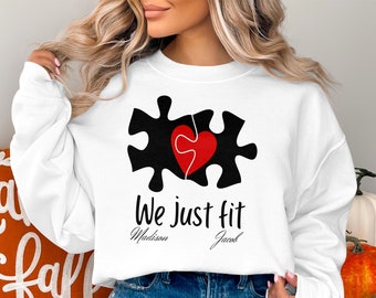 T-shirt coeur en forme de pièce de puzzle pour couples, sweat-shirts assortis pour la Saint-Valentin, cadeau romantique pour elle et lui, t-shirt amour noms personnalisés