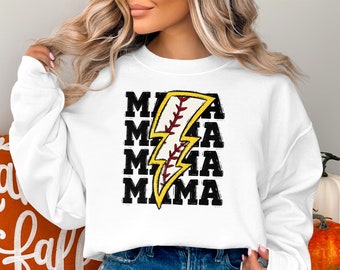 Mama Baseball Lightning Bolt Graphic Sweatshirt, Cool Mom Hoodie, Unique Mothers Day T-Shirt Gift