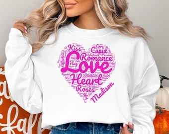 T-shirt nuage de mots coeur amour Saint Valentin, t-shirt graphique Cupidon romantique, idée cadeau personnalisée, sweat-shirt confortable pour couple
