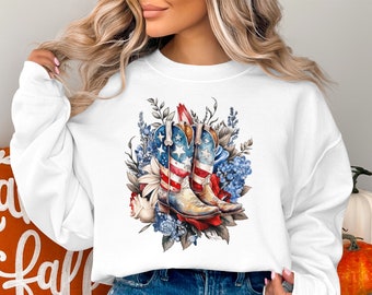 Patriotic Cowboy Boots Floral Print Sweatshirt, American Flag Hoodie, Mom Birthday Gift, Mothers Day Country Style Tee