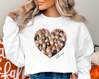 T-shirt coeur amoureux des chats, cadeau personnalisé pour la Saint-Valentin, sweat-shirt chat avec nom personnalisé, vêtements pour propriétaire d'animal de compagnie, t-shirt au design félin unique