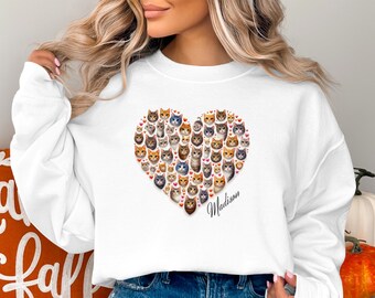 T-shirt coeur amoureux des chats, t-shirt mignon visages de félins, sweat-shirt à imprimé animal, cadeau pour les propriétaires de chat, vêtement personnalisé pour la Saint-Valentin