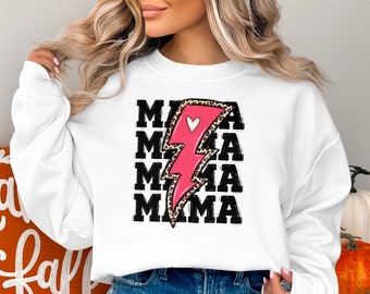 Mama Leopard Print Lightning Bolt Sweatshirt, Trendy Mom Hoodie, Mothers Day Gift T-Shirt