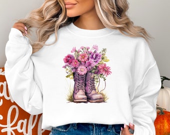 Floral Boots Graphic Sweatshirt, T-Shirt, Hoodie, Mothers Day Unique Gift, Bohemian Springwear for Mom