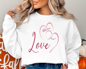 T-shirt amour Saint-Valentin, noms de couples personnalisés, coeur graphique, sweat-shirt personnalisé, cadeau romantique pour elle