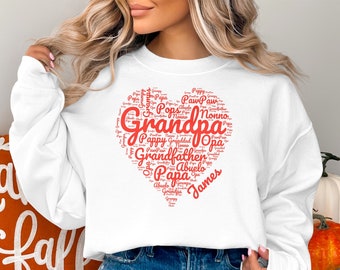 T-shirt nuage de mots coeur amour grand-père, cadeau personnalisé pour grands-pères, sweat-shirt grand-père personnalisable, vêtements pour la Saint-Valentin