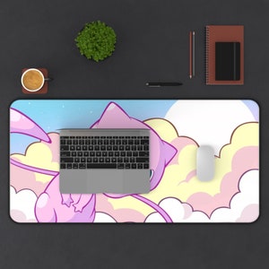 May include: A pink and purple cartoon cat with a blue background and white clouds. The cat is flying in the air with a laptop computer in front of it.