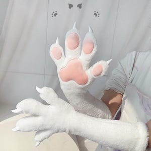 Färdiga långa pälsdräktstasar, mjuk plyschfuskpäls, cosplayhandskar, softisiga djurdräktstasar, en storlek