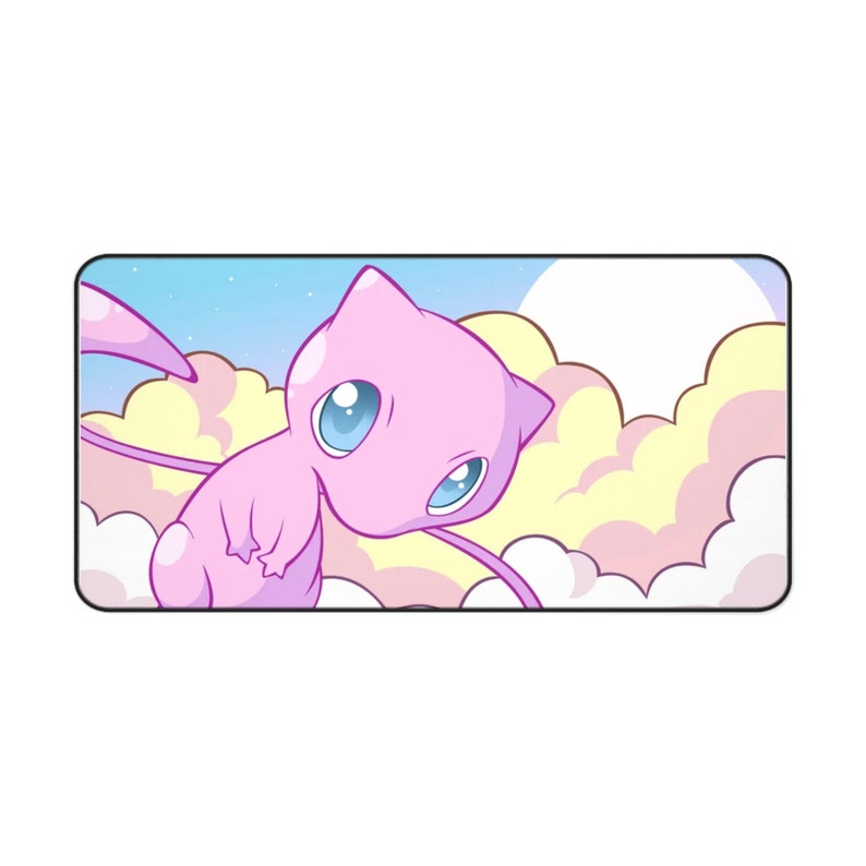 May include: A pink cartoon cat with blue eyes floating in the clouds. The background is a light blue sky with white clouds and a yellow moon.