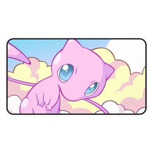 May include: A pink cartoon cat with blue eyes is flying in the clouds. The background is a pastel blue with white clouds.