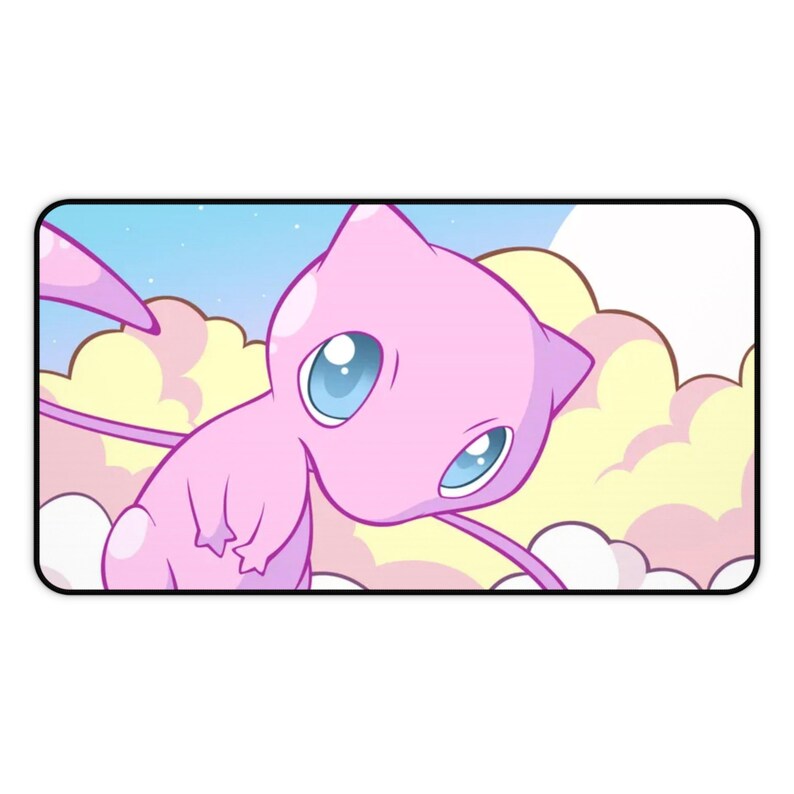 May include: A pink cartoon cat with blue eyes is flying in the clouds. The background is a pastel blue with white clouds.