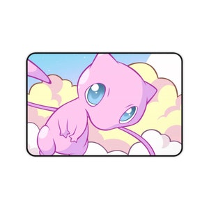 May include: A pink cartoon character with blue eyes and a long tail floats in a pastel blue sky with white clouds.