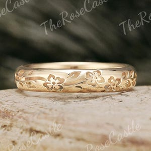 4MM Birth Flower Mens Wedding Band Solid Gold Hollow Out Floral Engraving Mens Wedding Band Minimalist Ring Stacking Ring Gift For Him