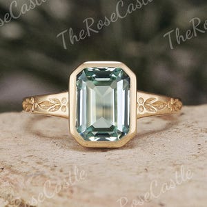 Emerald Cut Green Sapphire Engagement Ring Solid Gold  Nature Inspired Leaf Teal Sapphire Ring Bezel Gold Rings Solitaire Rings For Women