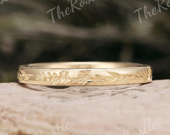 2.2MM Birth Flower Engraving Wedding Band Nature Inspired Floral Full Eternity Wedding Ring Solid Gold Matching Ring by TheRoseCastle