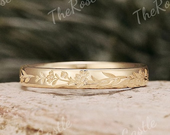 3MM April Birth Flower Ring Natural Inspired Solid Gold Engraved Wedding Band Handmade Engraved Wedding Band Minimalist Ring Gift For Her