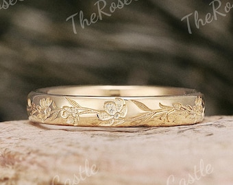 Solid Gold Floral Engraved Band, Nature Inspired Wedding Ring (3mm)
