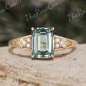 Unique Green Sapphire Engagement Ring Nature Inspired Holly Leaves Solid Gold Wedding Ring Moissanite Cluster Promise Wedding Ring For Women