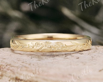 3MM March Birth Flower Ring Natural Inspired Solid Gold Engraved Wedding Band Handmade Engraved Wedding Band Minimalist Ring Gift For Her